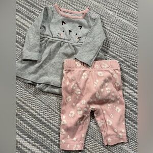Gray Cat Face Top and Pink Patterned Pants Set